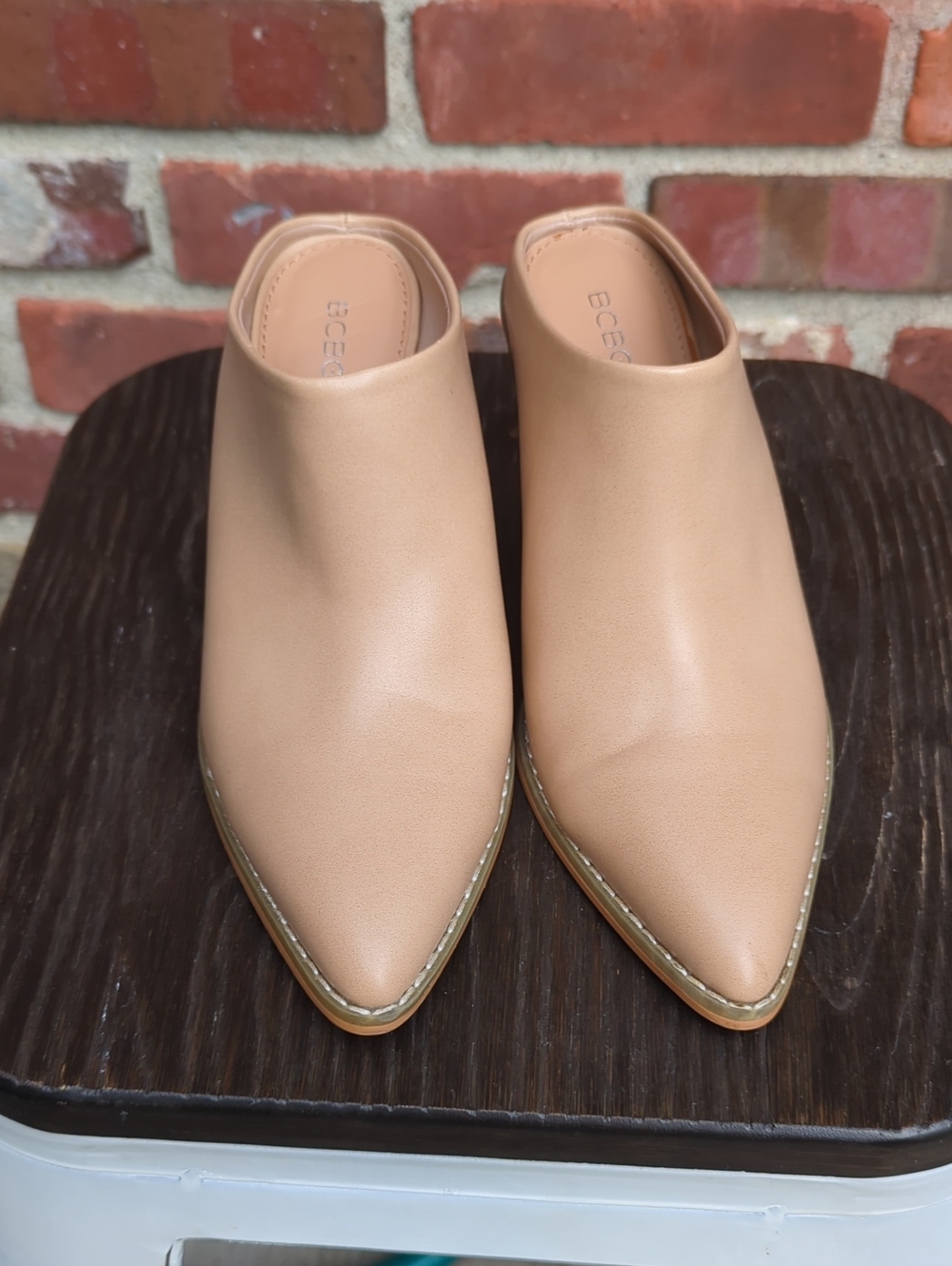 BCBG Nude/Tan Pointed Toe Slip-On Mules
